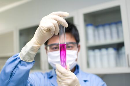 An Analyst is observing a chemical tubeの写真素材
