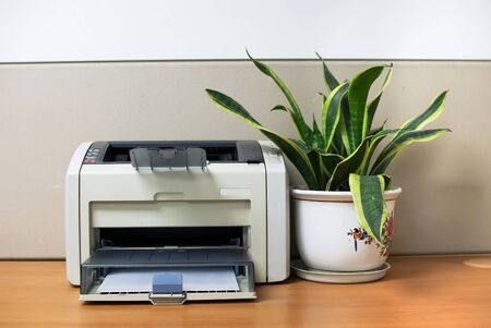 a printer on desk with an aloe bonsai in officeの写真素材