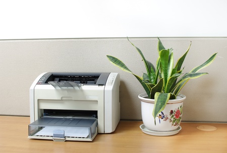 a printer on desk with an aloe bonsai in officeの写真素材