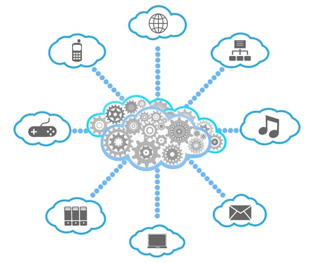Cloud of gears connected to various iconsのイラスト素材