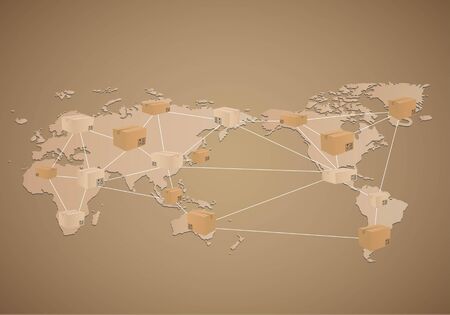 Cardboard boxes on world map backgroundのイラスト素材