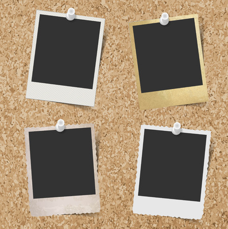 Blank instant photo frames pinned to cork board backgroundのイラスト素材