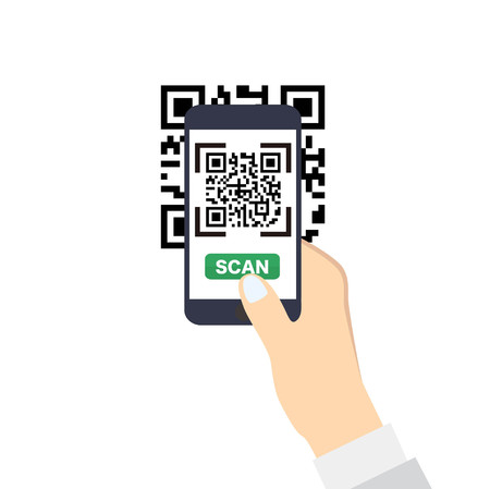 Hand holding a smartphone with QR-Code scan. Flat style vector icon.のイラスト素材