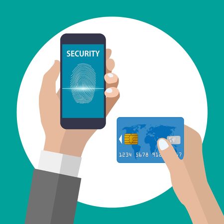Shopping with smartphone and credit card using fingerprint identificationのイラスト素材