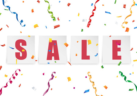 Vector sale paper sticker with colorful confetti and streamer backgroundのイラスト素材