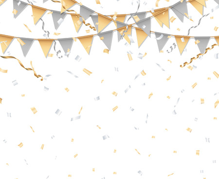 Gold and silver party background. Party flag, confetti, and streamer.のイラスト素材