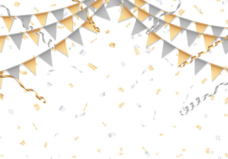 Gold and silver party background. Party flag, confetti, and streamer.のイラスト素材