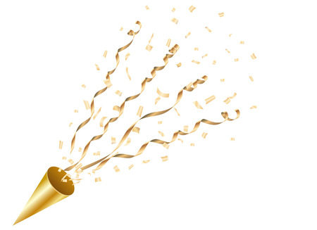 Exploding gold party popper with confetti and streamerのイラスト素材