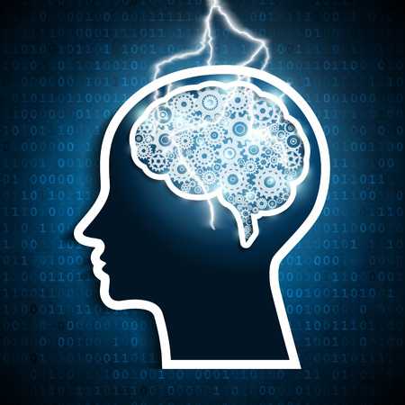 Lightning bolt strike in the human brain gears. Intelligence concept.のイラスト素材