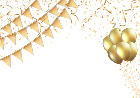 Celebration design with golden flag, balloon, confetti and streamerのイラスト素材
