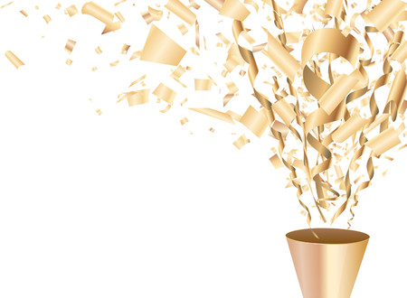 Golden exploding party popper with confetti and streamer Vectorのイラスト素材