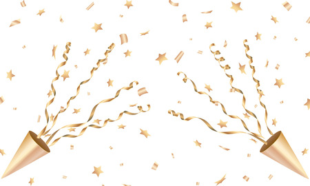 Exploding gold party popper with star confetti and streamer Vectorのイラスト素材
