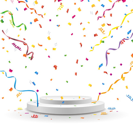 White podium with colorful confetti and streamerのイラスト素材