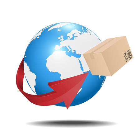 Earth with cardboard box and arrow. Shipment concept. Vectorのイラスト素材