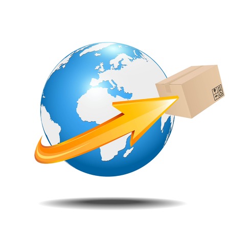 Earth with cardboard box and arrow. Shipment concept. Vectorのイラスト素材