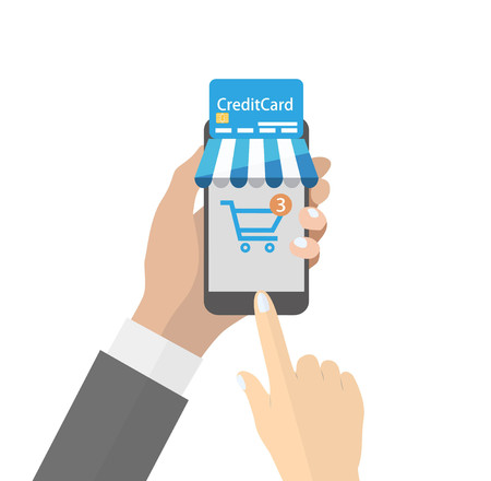 Hands using smartphone for online shopping with credit card Vectorのイラスト素材
