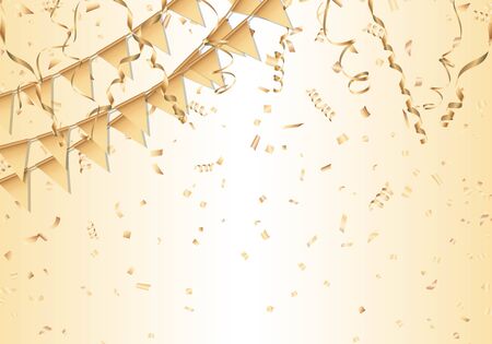 Gold confetti, streamers and party flag. Celebration background. Vector illustration.のイラスト素材