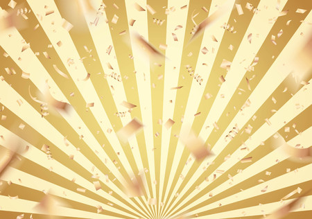 Falling gold confetti on sunburst background. Vector illustrationのイラスト素材