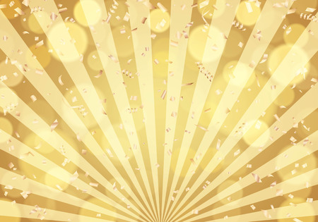 Gold confetti on golden sunburst background. Vector illustrationのイラスト素材