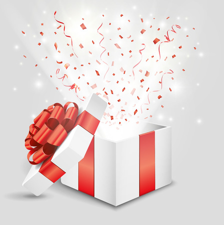 Opened gift box with red confetti and streamerのイラスト素材