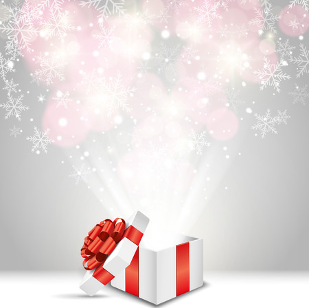 Opened gift box with red bow and snowflakesのイラスト素材