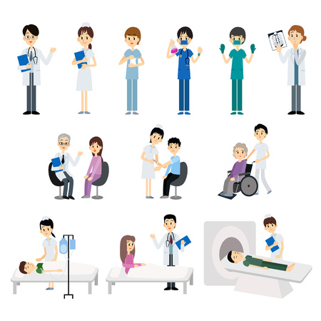 Medical doctor and nurse with patient treatment and examination. Vector illustration.のイラスト素材