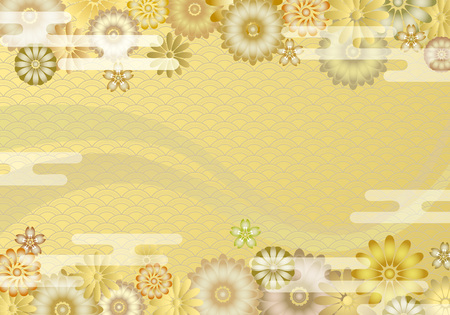 Gorgeous Japanese background. Flower ornament with oriental motifs, wave pattern, and cloud.のイラスト素材