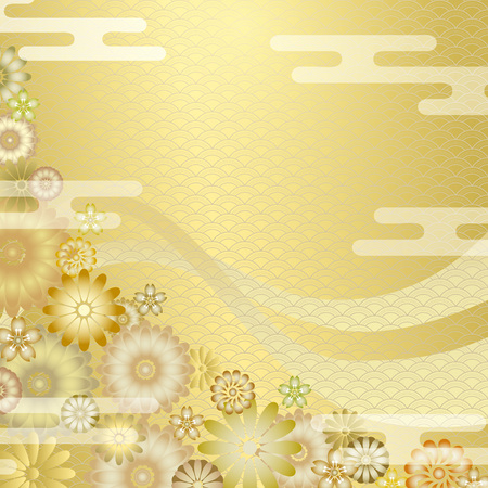 Gorgeous Japanese background. Flower ornament with oriental motifs, wave pattern, and cloud.のイラスト素材