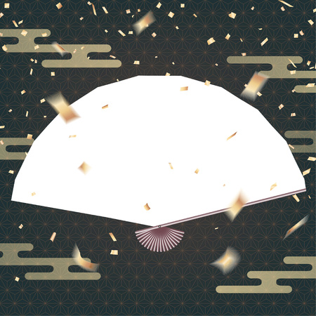 Blank handheld Japanese fan on celebration  with golden confettiのイラスト素材