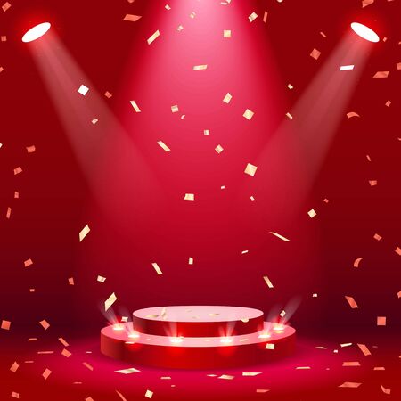 Red stage podium with spotlight and confettiのイラスト素材