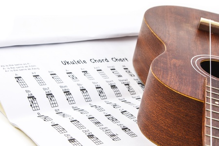 Ukulele and ukulele chord chart document on white backgroundの写真素材