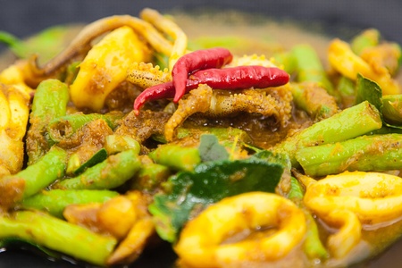 Close up of spicy fried squidの写真素材