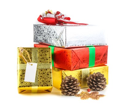 Many colorful gift boxs on white background with tag