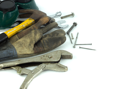 Set of work tools - hammer,screw,glove,wrench on white background