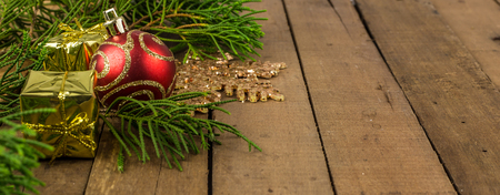 Beautiful christmas decoration on brown wood backgroundの写真素材