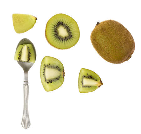 Top view of fresh kiwi fruit isolated on whiteの写真素材
