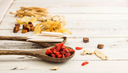 Goji berry and chinese medicine on white backgroundの写真素材