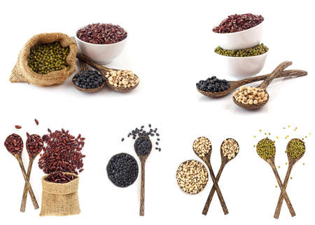 Collection of variety beans - healthy and high nourish protein food -Top view of many colors - black, white, red, and mung bean on spoon isolated on white background.の写真素材