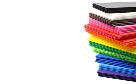 Stack of colorful corrugated plastic sheets isolated on white background with space on left.の写真素材