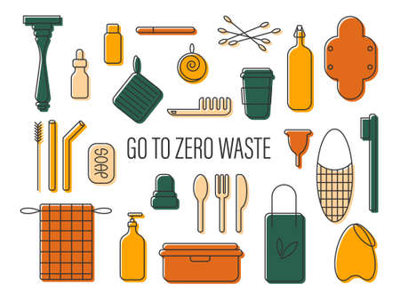 Set of icons Zero waste . Durable and reusable items or products-glass jars, ECO food bags, wooden Cutlery, bamboo toothbrush, menstrual Cup, thermo mug. Flat vector illustration.のイラスト素材