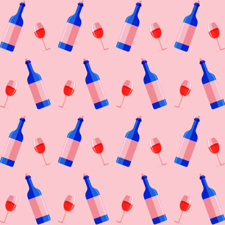 Seamless background with wine bottles and glasses. Bright colors pattern for web, poster, textile, print and other design.のイラスト素材