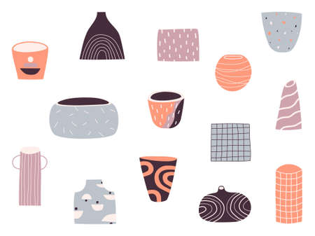 Large set of vases and pots for flowers. Various pots, vases, pottery for home decor isolated on a white background. flat Vector illustration.のイラスト素材