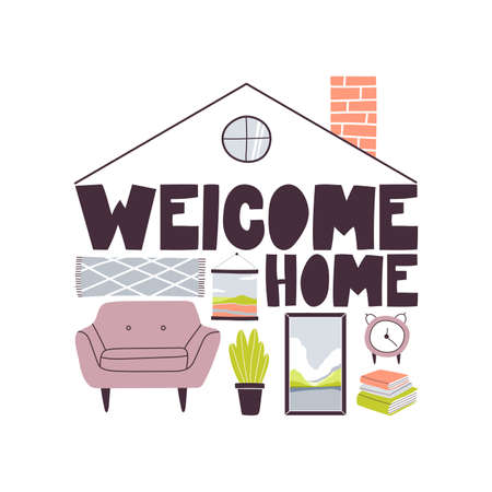 Abstract Illustration of a house with furniture. An armchair, paintings, a potted flower, books. Illustration with the inscription welcome home . Vector isolated on a white background.のイラスト素材