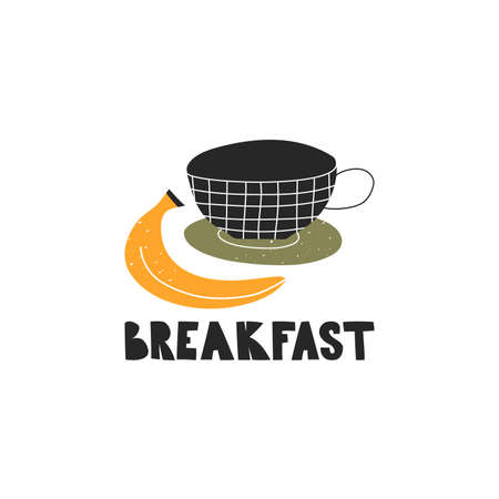 Illustration of a light Breakfast. A banana, a Cup of tea or coffee. Hand-drawn fashion vector illustrations. Cartoon style. Flat design. Greeting card.のイラスト素材