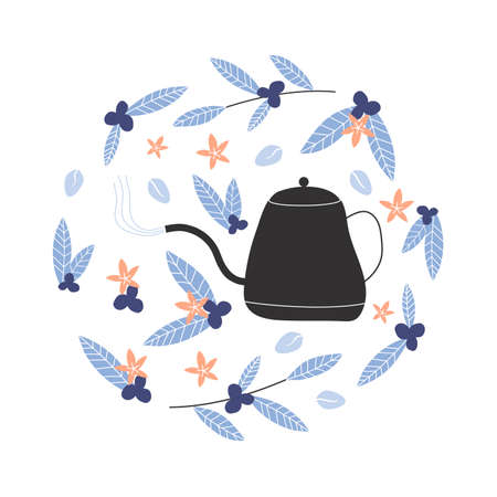 Illustration of a goosneck teapot surrounded by leaves and beans of a coffee tree. Kettle isolated on a white background. Flat vector illustration.のイラスト素材