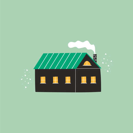 Cute cartoon house with smoke from the pipe. Flat vector illustration,   sticker, poster.のイラスト素材