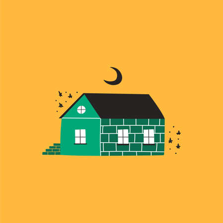 Cute brick house with stairs. The moon and the stars. Flat vector illustration,   sticker, poster.のイラスト素材