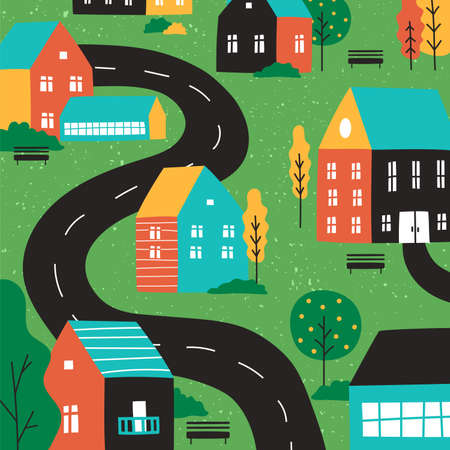 Colorful illustration of a city or illustration of a village. Various houses, benches, trees, roads and paths. Children s illustration of the street. Printing, children s textiles, posterのイラスト素材