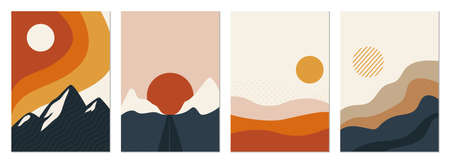 Collection of rectangular abstract landscapes. Sun, mountains, waves. Japanese style. Modern layouts, fashionable colors. Layouts for social networks, banners, posters vector illustrationのイラスト素材