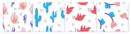 A set of colorful abstract modern fashion vector seamless patterns. Hands, flowers, cactuses, birds. Ideal for textile prints. Vector illustration.のイラスト素材